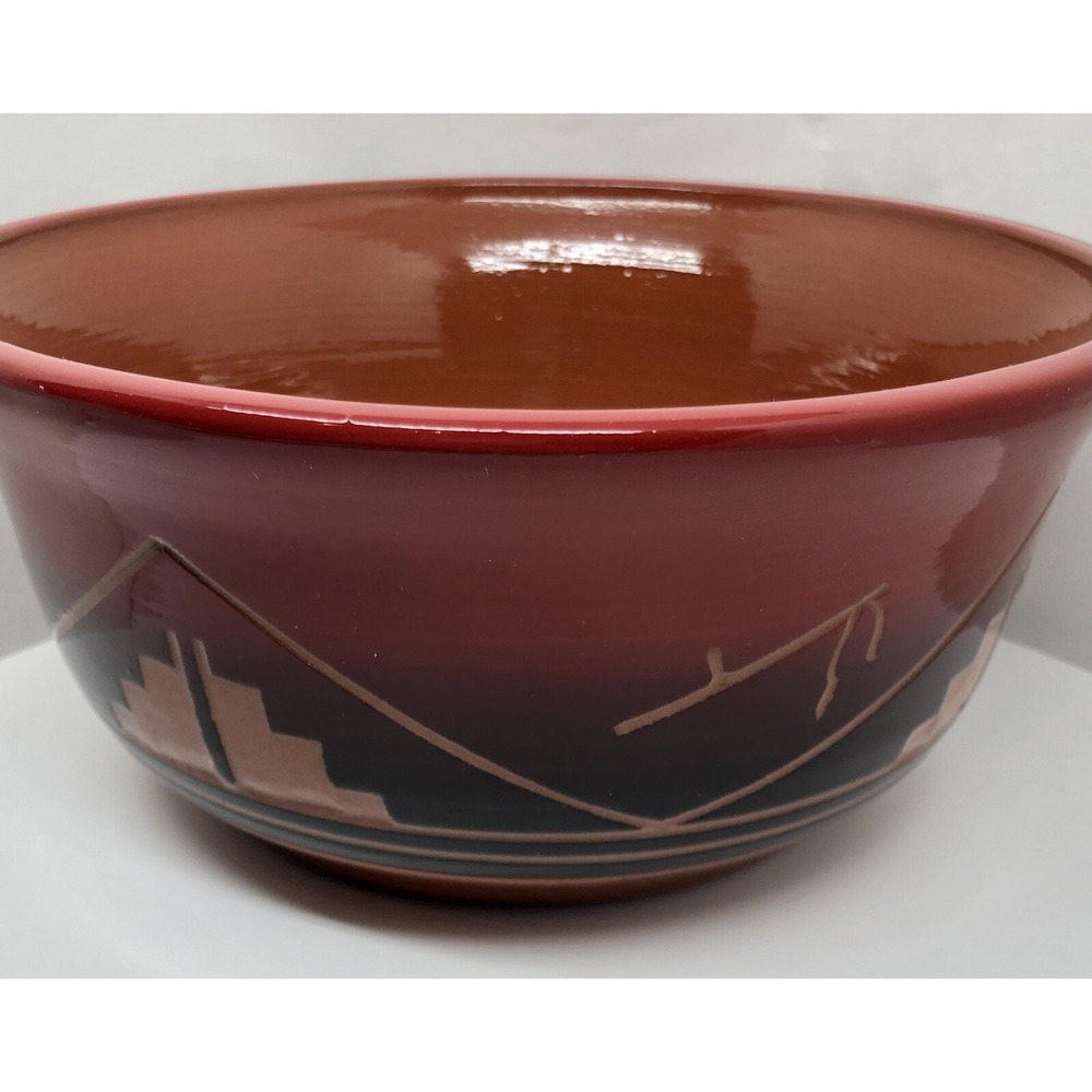 Original Art Pottery Native American Traditional Symbols Bowl Artisan Signed Red - Picture 9 of 16
